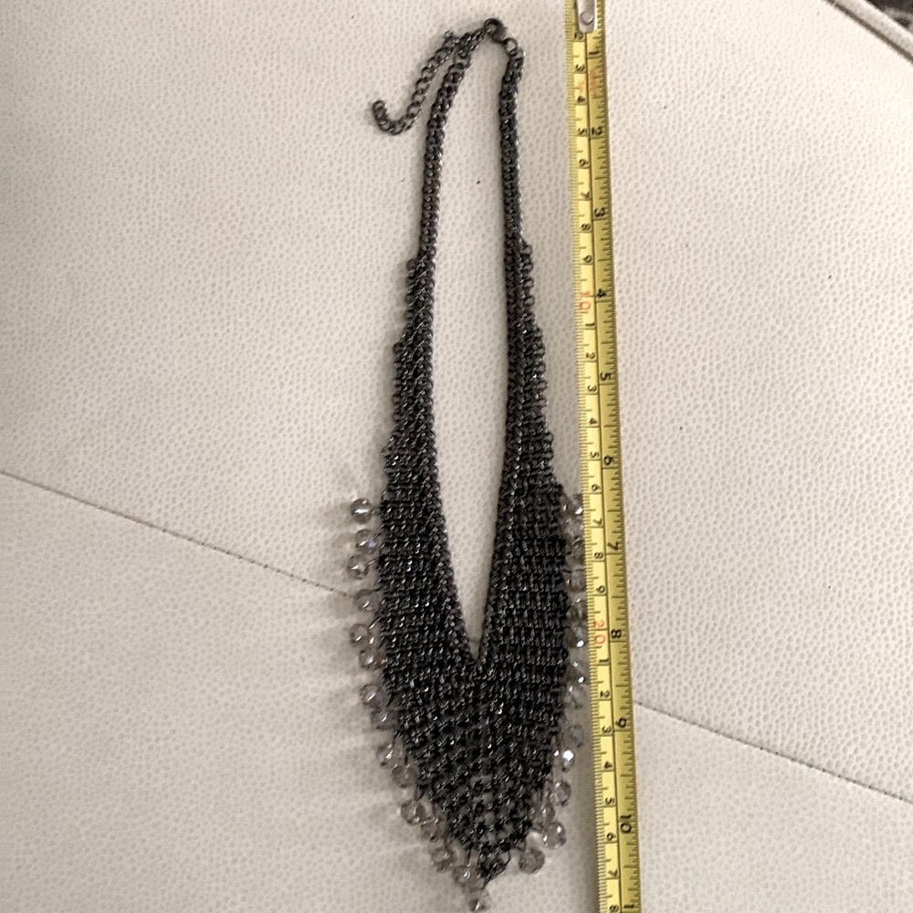 Statement Chain Necklace Dangling Clear Beads 3” Extender Black - Picture 4 of 5